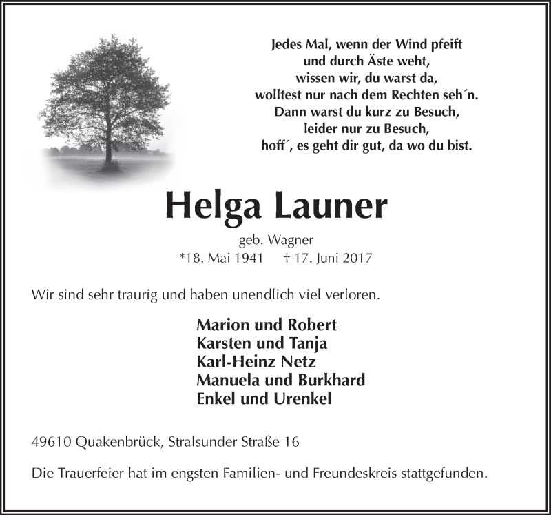  Traueranzeige für Helga Launer vom 23.06.2017 aus Neue Osnabrücker Zeitung GmbH & Co. KG