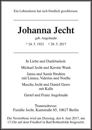 Traueranzeige von Johanna Jecht von Neue Osnabrücker Zeitung GmbH & Co. KG