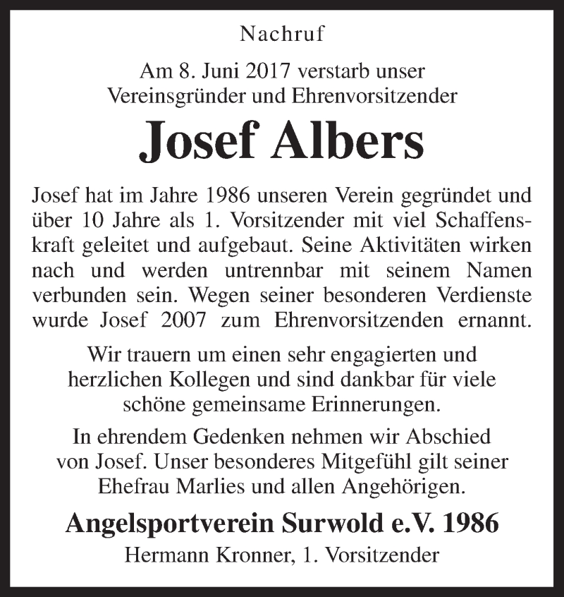  Traueranzeige für Josef Albers vom 15.06.2017 aus Neue Osnabrücker Zeitung GmbH & Co. KG