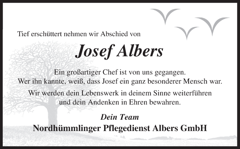  Traueranzeige für Josef Albers vom 15.06.2017 aus Neue Osnabrücker Zeitung GmbH & Co. KG