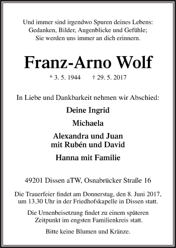 Traueranzeige von Franz-Arno Wolf von Neue Osnabrücker Zeitung GmbH & Co. KG