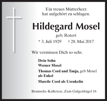 Traueranzeige von Hildegard Mosel von Neue Osnabrücker Zeitung GmbH & Co. KG