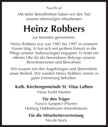 Traueranzeige von Heinz Robbers von Neue Osnabrücker Zeitung GmbH & Co. KG