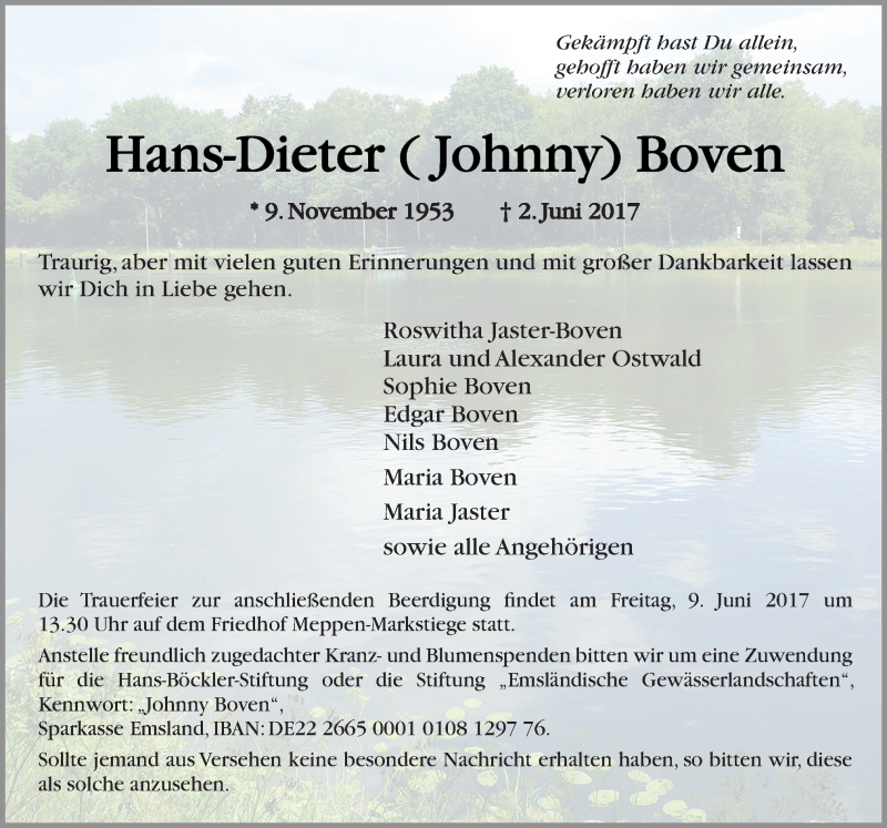  Traueranzeige für Hans-Dieter Johnny Boven vom 07.06.2017 aus Neue Osnabrücker Zeitung GmbH & Co. KG
