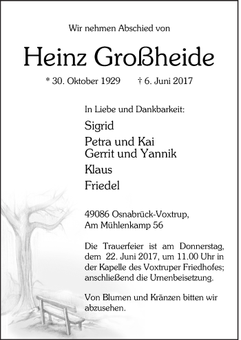 Traueranzeige von Heinz Großheide von Neue Osnabrücker Zeitung GmbH & Co. KG