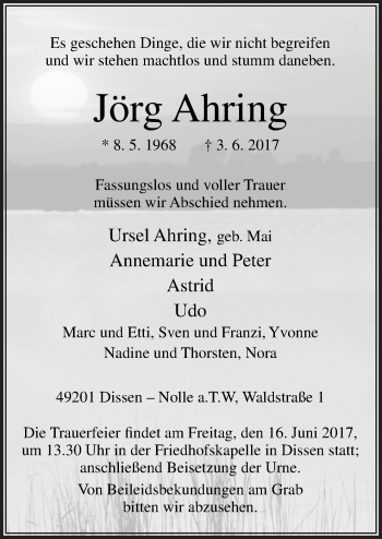 Traueranzeige von Jörg Ahring von Neue Osnabrücker Zeitung GmbH & Co. KG