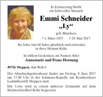 Traueranzeige von Emmi Schneider von Neue Osnabrücker Zeitung GmbH & Co. KG