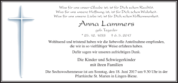 Traueranzeige von Anna Lammers von Neue Osnabrücker Zeitung GmbH & Co. KG