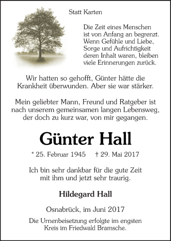 Traueranzeige von Günter Hall von Neue Osnabrücker Zeitung GmbH & Co. KG