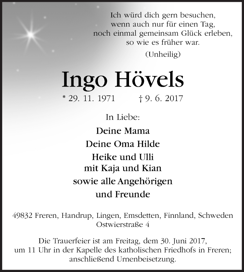  Traueranzeige für Ingo Hövels vom 24.06.2017 aus Neue Osnabrücker Zeitung GmbH & Co. KG
