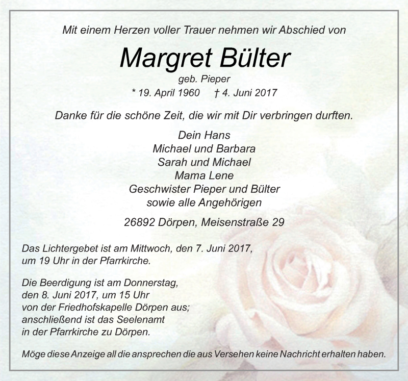  Traueranzeige für Margret Bülter vom 06.06.2017 aus Neue Osnabrücker Zeitung GmbH & Co. KG