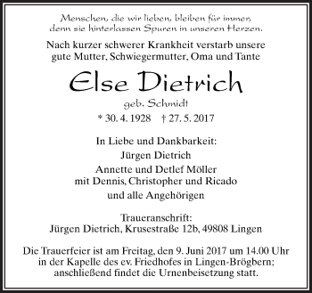 Traueranzeige von Else Dietrich von Neue Osnabrücker Zeitung GmbH & Co. KG