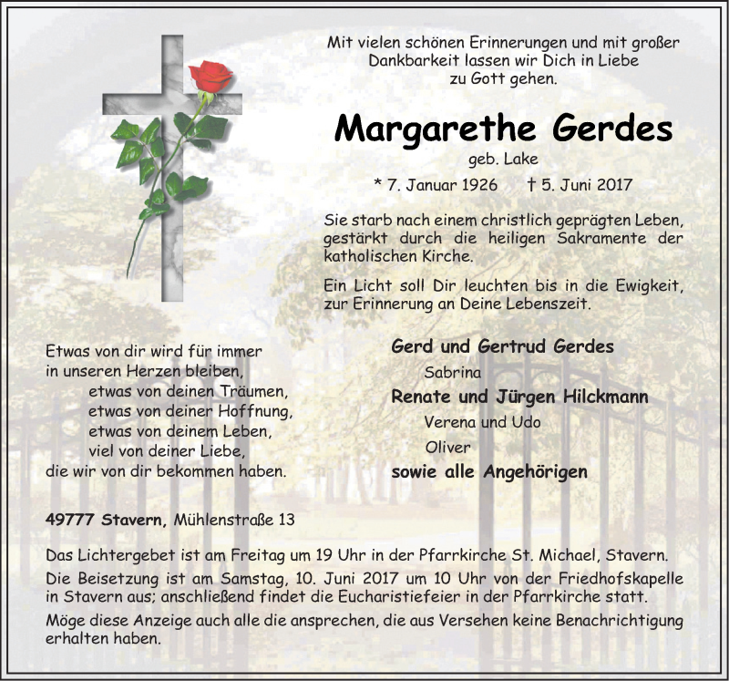  Traueranzeige für Margarethe Gerdes vom 08.06.2017 aus Neue Osnabrücker Zeitung GmbH & Co. KG