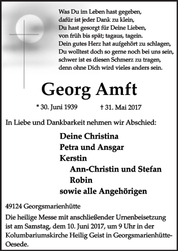 Traueranzeige von Georg Amft von Neue Osnabrücker Zeitung GmbH & Co. KG