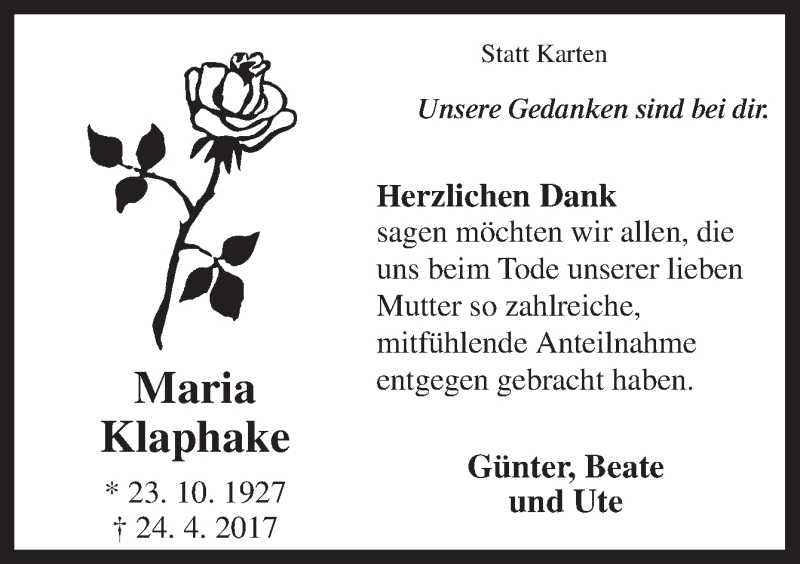  Traueranzeige für Maria Klaphake vom 12.06.2017 aus Neue Osnabrücker Zeitung GmbH & Co. KG