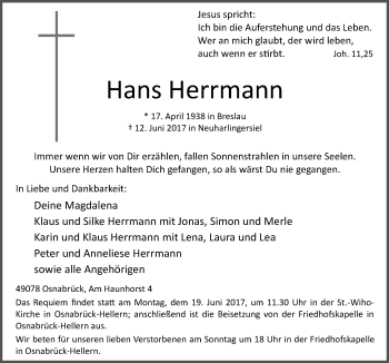 Traueranzeige von Hans Herrmann von Neue Osnabrücker Zeitung GmbH & Co. KG