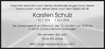 Traueranzeige von Karsten Schulz von Neue Osnabrücker Zeitung GmbH & Co. KG