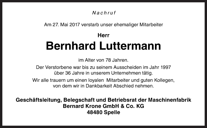  Traueranzeige für Bernhard Luttermann vom 02.06.2017 aus Neue Osnabrücker Zeitung GmbH & Co. KG