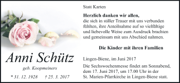 Traueranzeige von Anni Schütz von Neue Osnabrücker Zeitung GmbH & Co. KG