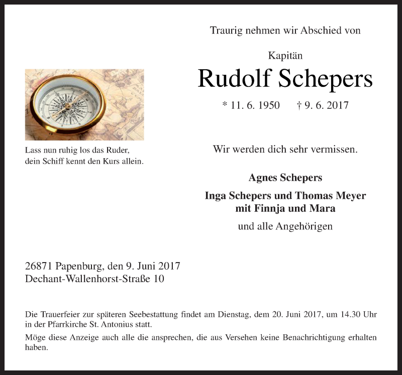 Traueranzeige für Rudolf Schepers vom 14.06.2017 aus Neue Osnabrücker Zeitung GmbH & Co. KG