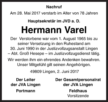 Traueranzeige von Hermann Varel von Neue Osnabrücker Zeitung GmbH & Co. KG