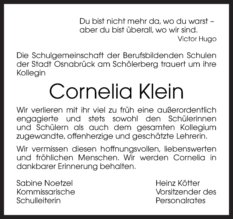  Traueranzeige für Cornelia Klein vom 28.06.2017 aus Neue Osnabrücker Zeitung GmbH & Co. KG
