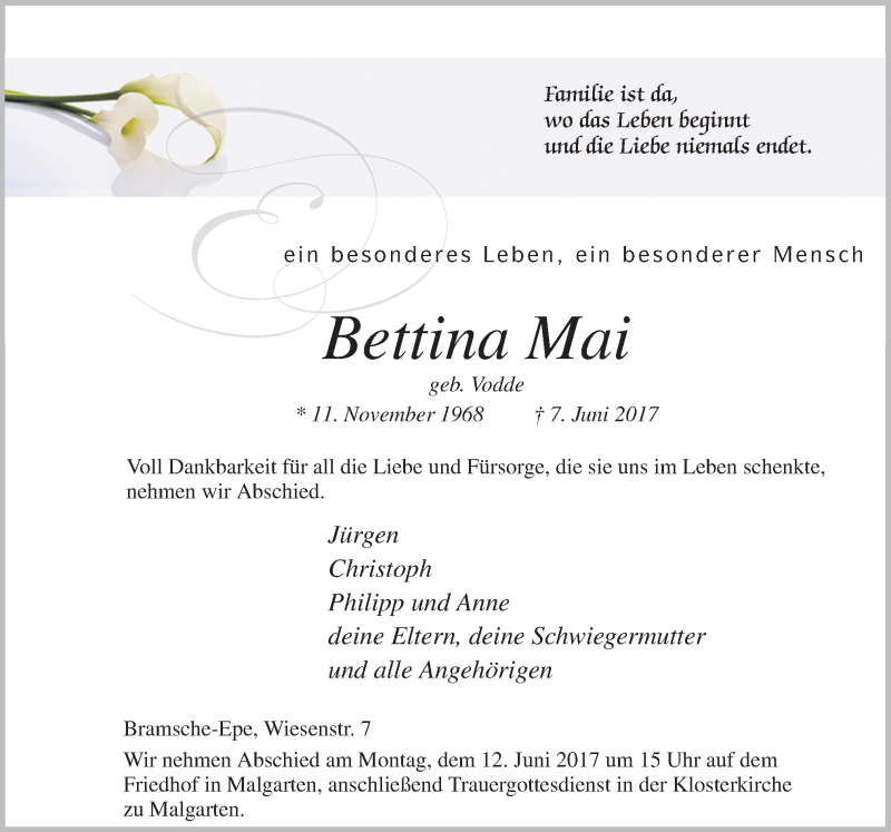  Traueranzeige für Bettina Mai vom 09.06.2017 aus Neue Osnabrücker Zeitung GmbH & Co. KG