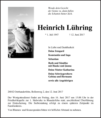 Traueranzeige von Heinrich Lühring von Neue Osnabrücker Zeitung GmbH & Co. KG