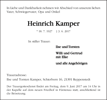 Traueranzeige von Heinrich Kamper von Neue Osnabrücker Zeitung GmbH & Co. KG