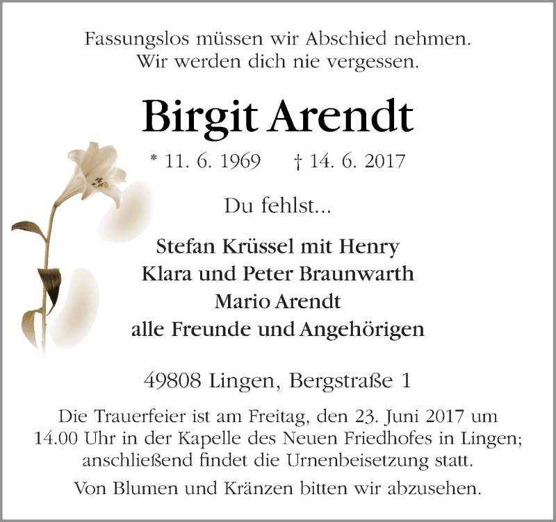  Traueranzeige für Birgit Arendt vom 21.06.2017 aus Neue Osnabrücker Zeitung GmbH & Co. KG