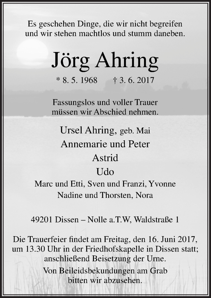  Traueranzeige für Jörg Ahring vom 13.06.2017 aus Neue Osnabrücker Zeitung GmbH & Co. KG