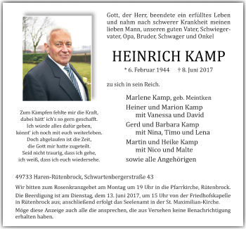 Traueranzeige von Heinrich Kamp von Neue Osnabrücker Zeitung GmbH & Co. KG