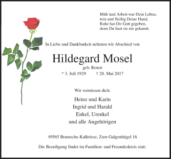 Traueranzeige von Hildegard Mosel von Neue Osnabrücker Zeitung GmbH & Co. KG