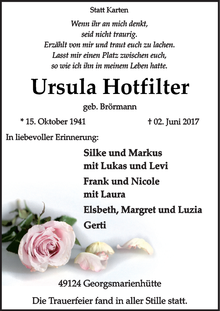  Traueranzeige für Ursula Hotfilter vom 10.06.2017 aus Neue Osnabrücker Zeitung GmbH & Co. KG