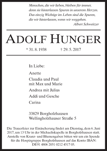 Traueranzeige von Adolf Hunger von Neue Osnabrücker Zeitung GmbH & Co. KG