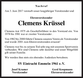 Traueranzeige von Clemens Krüssel von Neue Osnabrücker Zeitung GmbH & Co. KG