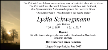 Traueranzeige von Lydia Schwegmann von Neue Osnabrücker Zeitung GmbH & Co. KG