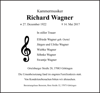 Traueranzeige von Richard Wagner von Neue Osnabrücker Zeitung GmbH & Co. KG