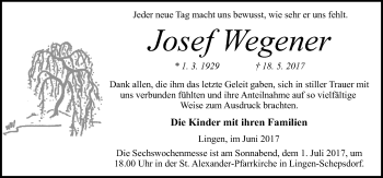 Traueranzeige von Josef Wegener von Neue Osnabrücker Zeitung GmbH & Co. KG