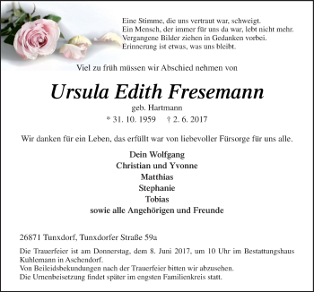 Traueranzeige von Ursula Edith Fresemann von Neue Osnabrücker Zeitung GmbH & Co. KG