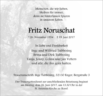 Traueranzeige von Fritz Noruschat von Neue Osnabrücker Zeitung GmbH & Co. KG