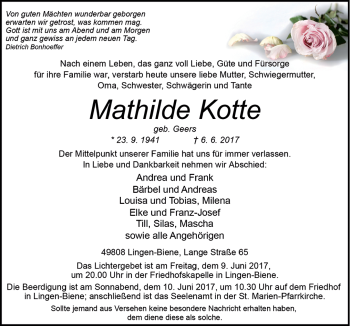 Traueranzeige von Mathilde Kotte von Neue Osnabrücker Zeitung GmbH & Co. KG