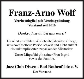 Traueranzeige von Franz-Arno Wolf von Neue Osnabrücker Zeitung GmbH & Co. KG