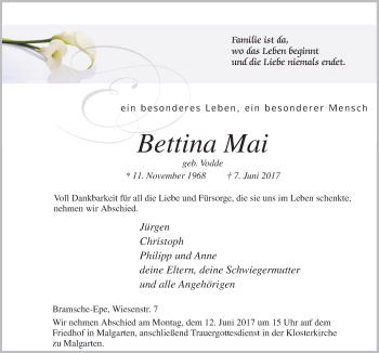 Traueranzeige von Bettina Mai von Neue Osnabrücker Zeitung GmbH & Co. KG