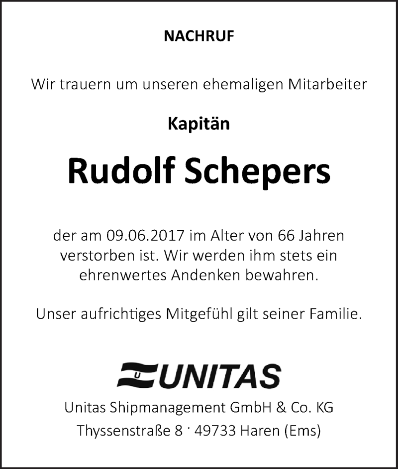  Traueranzeige für Rudolf Schepers vom 16.06.2017 aus Neue Osnabrücker Zeitung GmbH & Co. KG