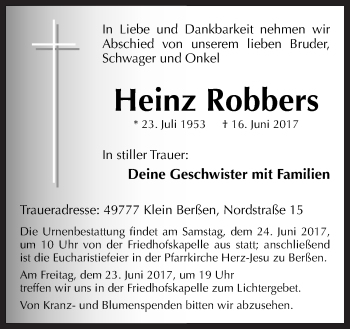 Traueranzeige von Heinz Robbers von Neue Osnabrücker Zeitung GmbH & Co. KG