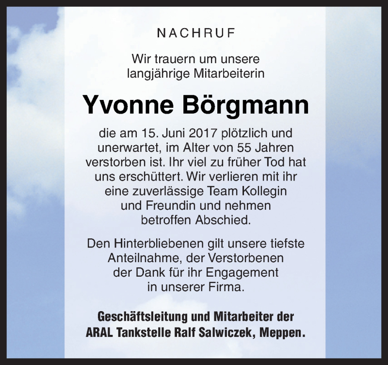  Traueranzeige für Yvonne Börgmann vom 24.06.2017 aus Neue Osnabrücker Zeitung GmbH & Co. KG