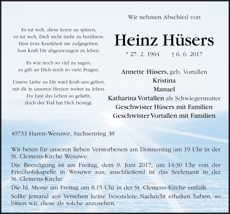  Traueranzeige für Heinz Hüsers vom 07.06.2017 aus Neue Osnabrücker Zeitung GmbH & Co. KG