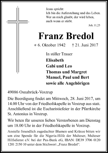 Traueranzeige von Franz Bredol von Neue Osnabrücker Zeitung GmbH & Co. KG