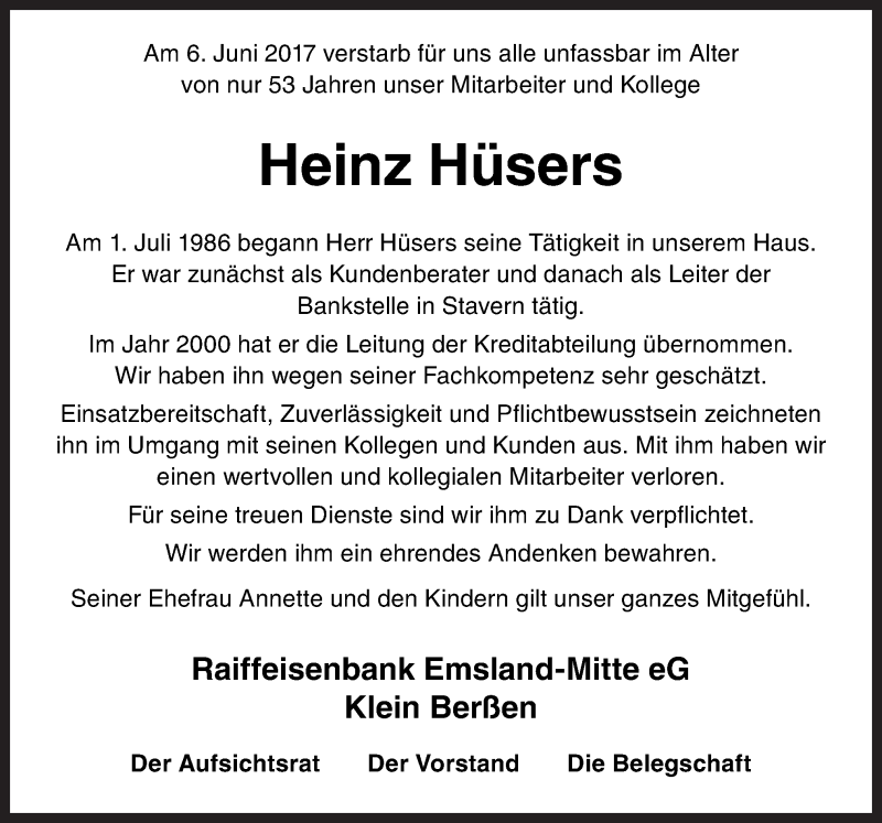  Traueranzeige für Heinz Hüsers vom 09.06.2017 aus Neue Osnabrücker Zeitung GmbH & Co. KG